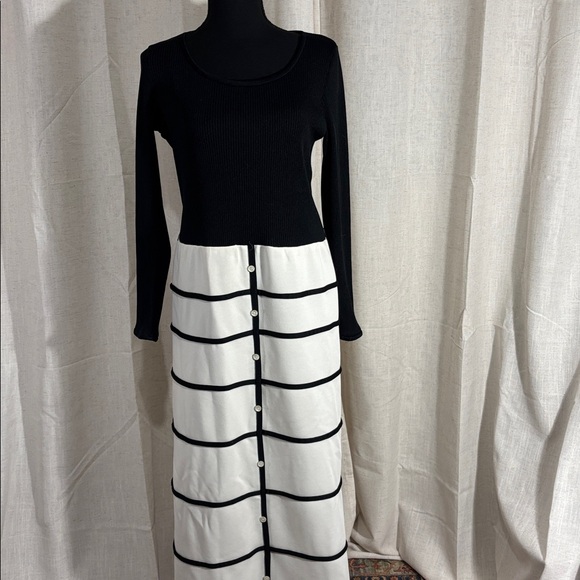 Vintage 60s Ayres Unlimited Black and White Poly Maxi Dress - Picture 2 of 8